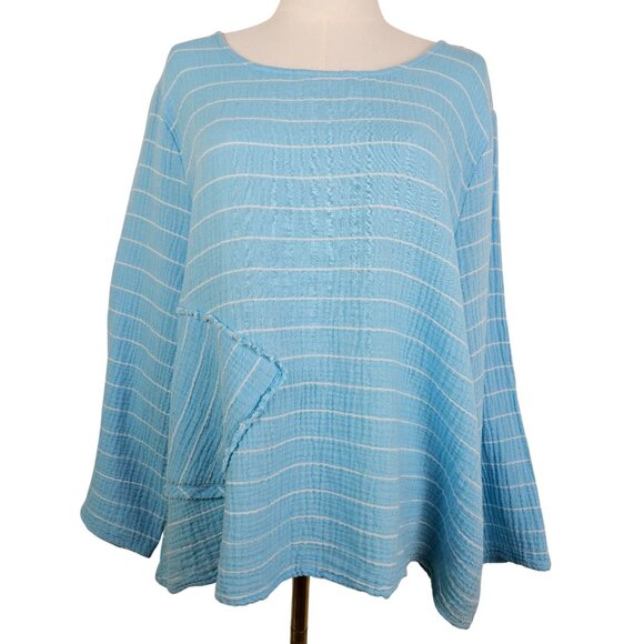 Habitat Blue Striped Gauze Like Tunic Top Large Long Sleeve Lagenlook Boho - Picture 1 of 9